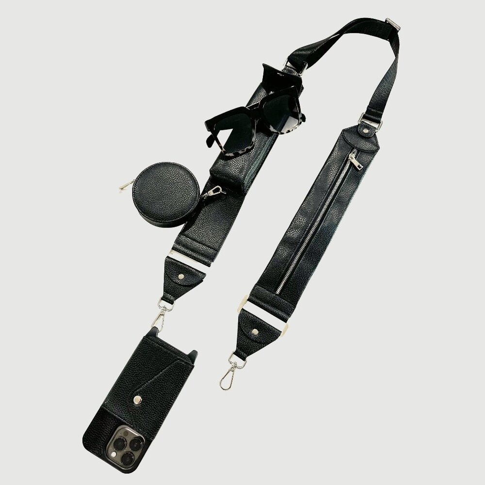 Case only- no strap - Black vegan Leather Phone Case with strap hooks